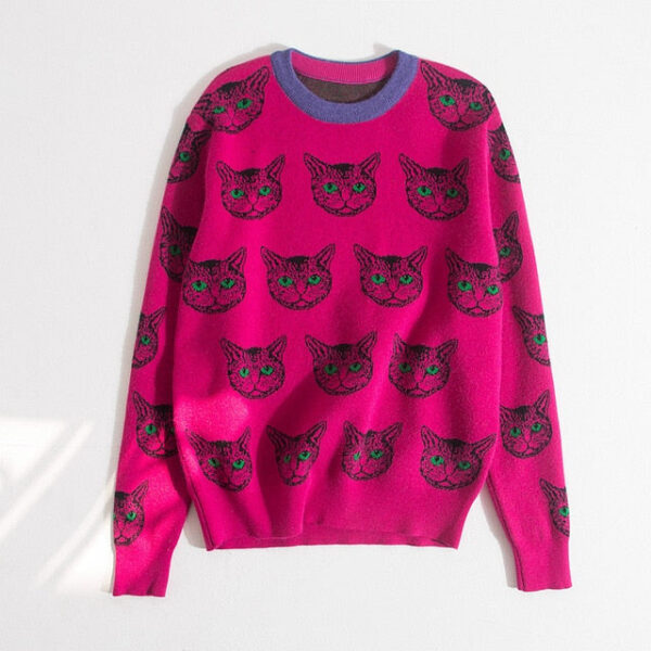 Fuchsia Cat Print Designer Sweater