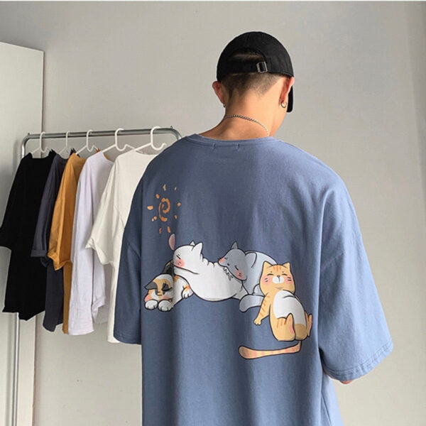 Vintage Korean Style Summer Cartoon Cat Print T-Shirt